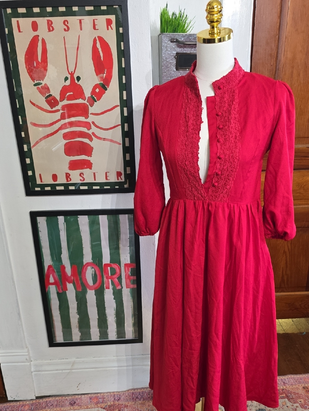 Red Midi Dress with Lace-Trimmed Plunge Neck